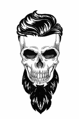Sakallı kafatası monokrom illüstrasyon berber dükkanı, bıyık, hipster saç kesimi ve beyaz arka plan, karikatür, kızgın, güzel, acımasız.
