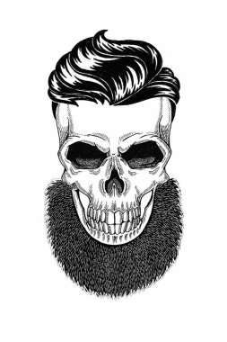 Sakallı kafatası monokrom illüstrasyon berber dükkanı, bıyık, hipster saç kesimi ve beyaz arka plan, karikatür, kızgın, güzel, acımasız.