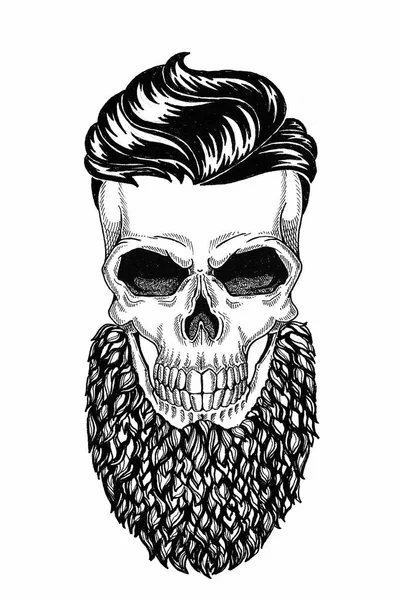 Monocromático ilustração barbearia de crânio com barba, bigode, corte de cabelo hipster e no fundo branco, desenho animado, com raiva, bonito, brutal . — Fotografia de Stock