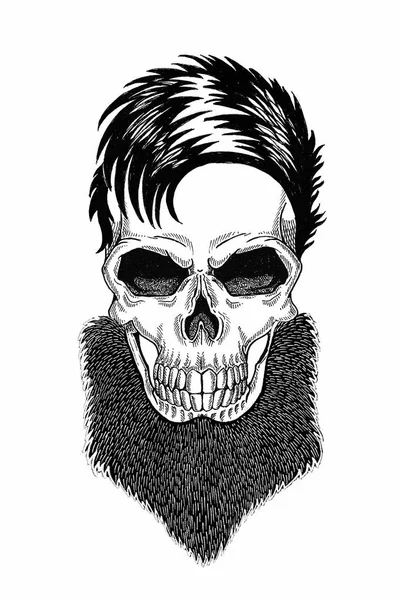 Monocromático ilustração barbearia de crânio com barba, bigode, corte de cabelo hipster e no fundo branco, desenho animado, com raiva, bonito, brutal . — Fotografia de Stock