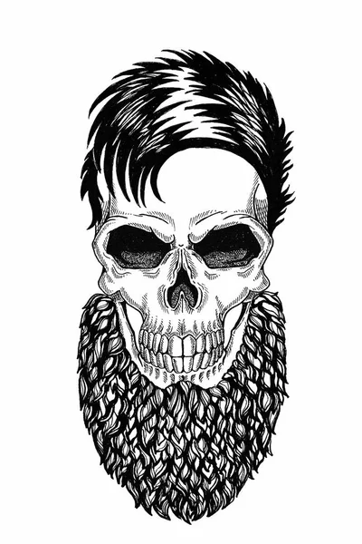 Monochrome illustration barbershop of skull with beard, mustache, hipster haircut and on white background, cartoon, angry, beautiful, brutal. — Stock Photo, Image