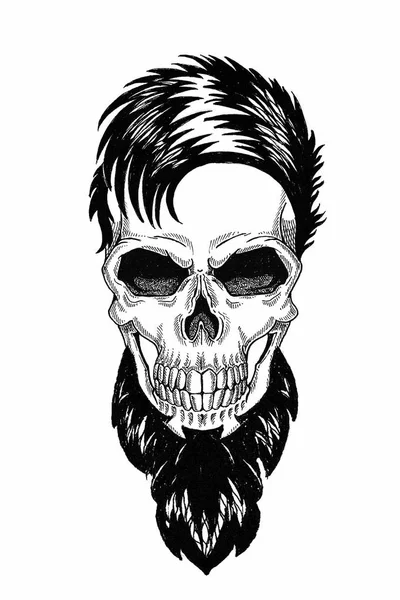 Monochrome illustration barbershop of skull with beard, mustache, hipster haircut and on white background, cartoon, angry, beautiful, brutal. — Stock Photo, Image