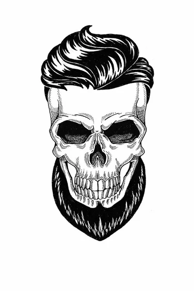 Monochrome illustration barbershop of skull with beard, mustache, hipster haircut and on white background, cartoon, angry, beautiful, brutal. — Stock Photo, Image