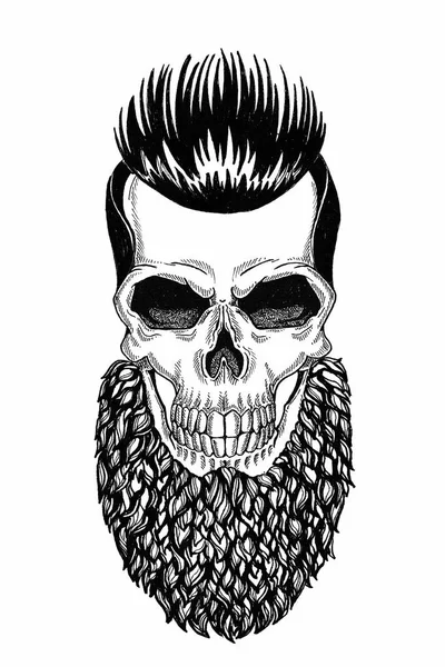 Monochrome illustration barbershop of skull with beard, mustache, hipster haircut and on white background, cartoon, angry, beautiful, brutal. — Stock Photo, Image