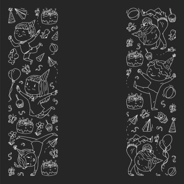 Karikatür tarzında Vektör illüstrasyon, eğlenceli okul öncesi çocuklar atlama aktif şirket, bir partide, doğum günü. tahta üzerinde tek renkli tebeşir çizim.