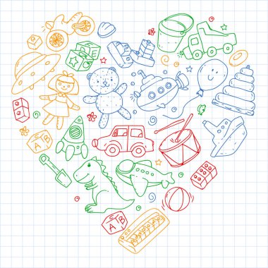 Vector pattern with kindergarten, toy children. Happy children illustration. Drawing on a notebook in a Squared notebook.