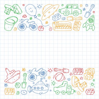 Vector pattern with kindergarten, toy children. Happy children illustration. Drawing on a notebook in a Squared notebook.