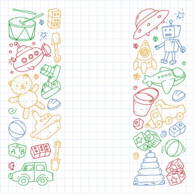 Vector pattern with kindergarten, toy children. Happy children illustration. Drawing on a notebook in a Squared notebook.