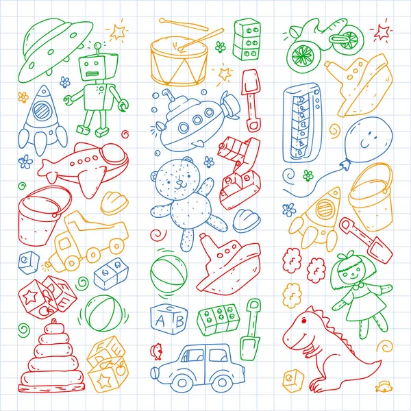 Patrón vectorial con jardín de infantes, niños de juguete. Ilustración de niños felices. Dibujo en un cuaderno en un cuaderno cuadrado . — Archivo Imágenes Vectoriales