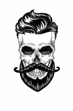 Sakallı kafatası monokrom illüstrasyon berber dükkanı, bıyık, hipster saç kesimi ve beyaz arka plan, karikatür, kızgın, güzel, acımasız.