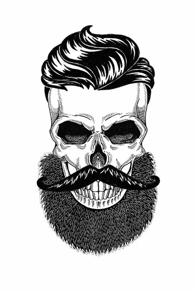 Peluquería de ilustración monocromática de cráneo con barba, bigote, corte de pelo hipster y sobre fondo blanco, dibujos animados, enojado, hermoso, brutal . —  Fotos de Stock
