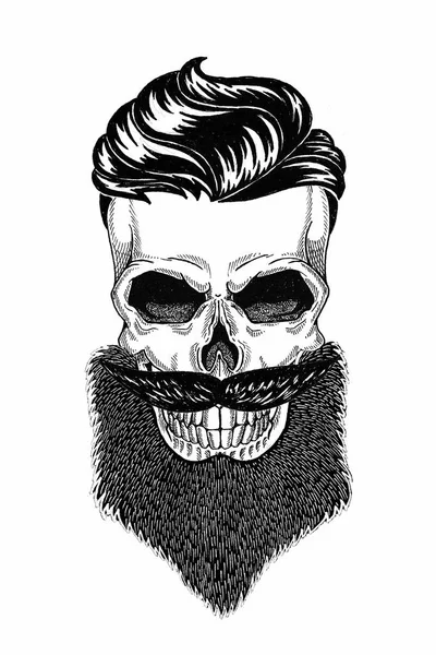 Монохромная иллюстрация парикмахерская черепа с бородой, усами, хипстерской стрижкой и на белом фоне, мультфильм, злой, красивый, жестокий . — стоковое фото
