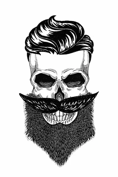 Illustration monochrome salon de coiffure de crâne avec barbe, moustache, coupe de cheveux hipster et sur fond blanc, dessin animé, en colère, beau, brutal . — Photo