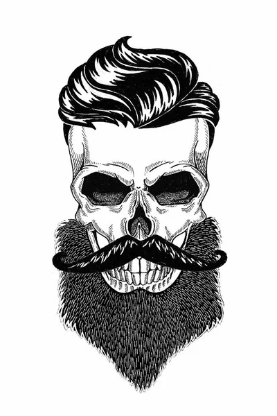 Monochrome illustration barbershop of skull with beard, mustache, hipster haircut and on white background, cartoon, angry, beautiful, brutal. — Stock Photo, Image