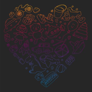 Anaokulu, oyuncak çocuklar ile vektör desen. Mutlu çocuklar illüstrasyon. kara tahta üzerinde degrade çizim.