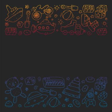 Anaokulu, oyuncak çocuklar ile vektör desen. Mutlu çocuklar illüstrasyon. kara tahta üzerinde degrade çizim.