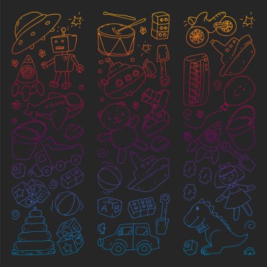 Anaokulu, oyuncak çocuklar ile vektör desen. Mutlu çocuklar illüstrasyon. kara tahta üzerinde degrade çizim.