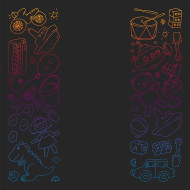 Anaokulu, oyuncak çocuklar ile vektör desen. Mutlu çocuklar illüstrasyon. kara tahta üzerinde degrade çizim.