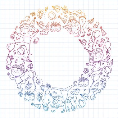 Karikatür tarzında Vektör illüstrasyon, eğlenceli okul öncesi çocuklar atlama aktif şirket, bir partide, doğum günü. Gradient draving kareli not defteri.