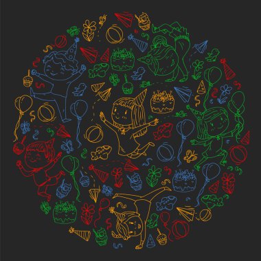 Karikatür tarzında Vektör illüstrasyon, eğlenceli okul öncesi çocuklar atlama aktif şirket, bir partide, doğum günü. renkli, kara tahta üzerinde tebeşir çizim.