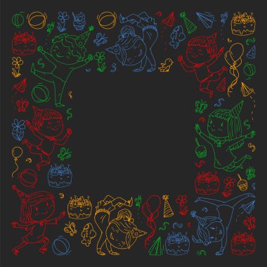 Karikatür tarzında Vektör illüstrasyon, eğlenceli okul öncesi çocuklar atlama aktif şirket, bir partide, doğum günü. renkli, kara tahta üzerinde tebeşir çizim.