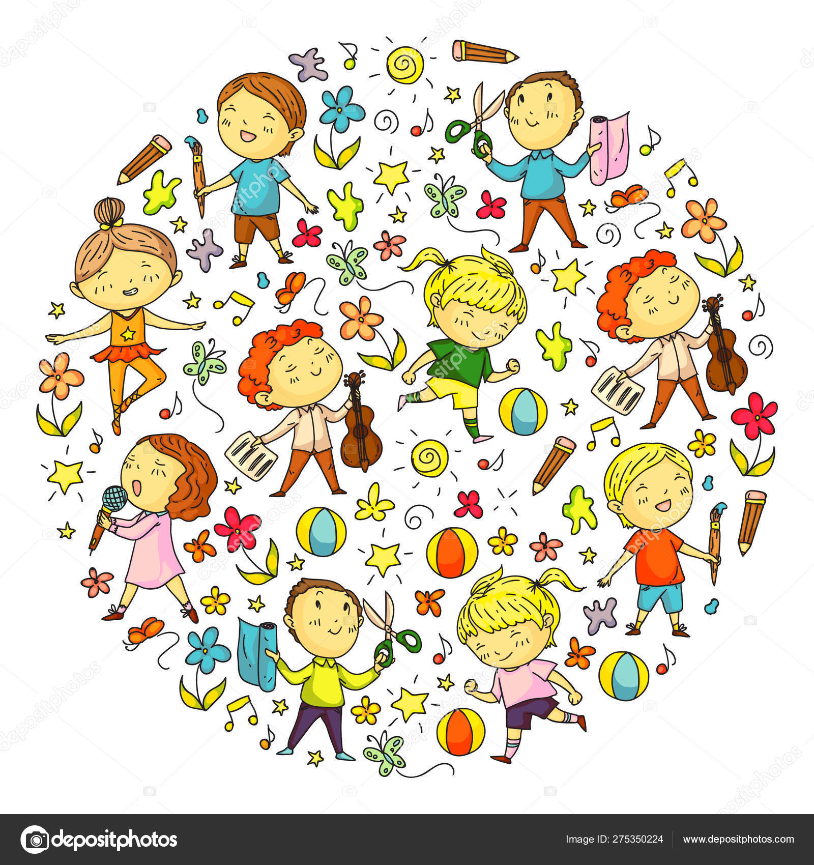 Творческие Дети Танцуют, Поют, Играют В Футбол, Играют На Гитаре, Скрипке,  Делают Модели Из Бумаги . Векторное Изображение ©Exte-Z@Mail.ru 275350224