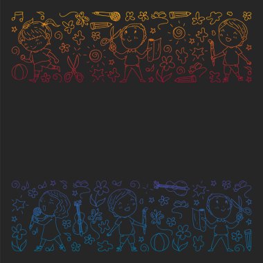 yaratıcı çocuklar dans, şarkı, futbol oynarken, gitar çalmak, keman çalmak, kağıttan model yapmak. Kara tahtaüzerinde degrade çizimi.