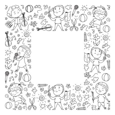 yaratıcı çocuklar dans, şarkı, futbol oynarken, gitar çalmak, keman çalmak, kağıttan model yapmak. Beyaz arka planda tek renkli.