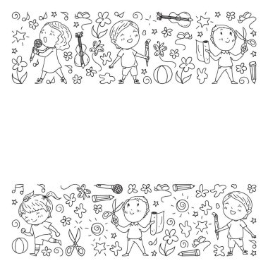 yaratıcı çocuklar dans, şarkı, futbol oynarken, gitar çalmak, keman çalmak, kağıttan model yapmak. Beyaz arka planda tek renkli.