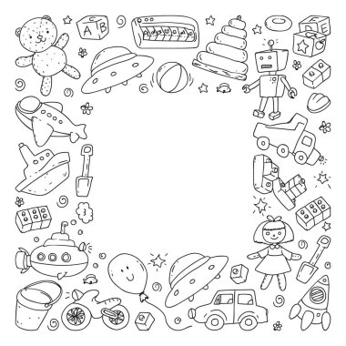 Anaokulu, oyuncak çocuklar ile vektör desen. Mutlu çocuklar illüstrasyon. Cetveldeki defterlere tek renkli çizim.