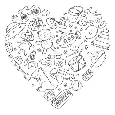 Anaokulu, oyuncak çocuklar ile vektör desen. Mutlu çocuklar illüstrasyon. Cetveldeki defterlere tek renkli çizim.