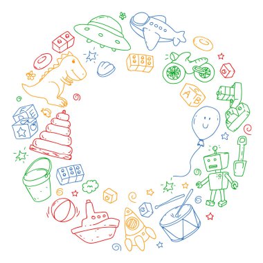 Anaokulu, oyuncak çocuklar ile vektör desen. Mutlu çocuklar illüstrasyon. Beyaz arka plan üzerine çizim.