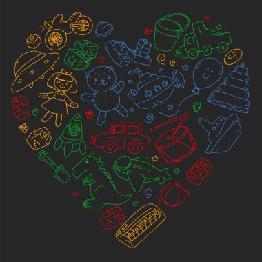 Anaokulu tarzında vektör desen çizim, oyuncak, çocuklar. Mutlu çocuklar illüstrasyon. kara tahta üzerinde renkli tebeşir çizim.