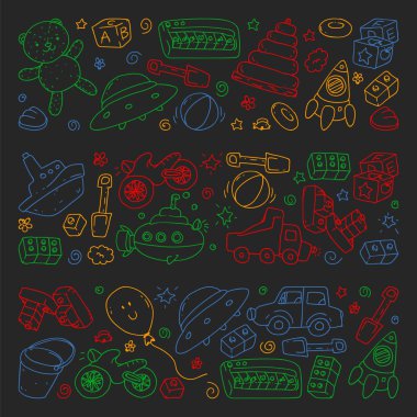 Anaokulu tarzında vektör desen çizim, oyuncak, çocuklar. Mutlu çocuklar illüstrasyon. kara tahta üzerinde renkli tebeşir çizim.