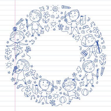 yaratıcı çocuklar dans, şarkı, futbol oynarken, gitar çalmak, keman çalmak, kağıttan model yapmak. Beyaz arka plan üzerine tek renkli kalem çizimi.