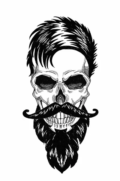 Monocromático ilustração barbearia de crânio com barba, bigode, corte de cabelo hipster e no fundo branco, desenho animado, com raiva, bonito, brutal . — Fotografia de Stock