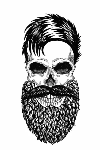 Монохромная иллюстрация парикмахерская черепа с бородой, усами, хипстерской стрижкой и на белом фоне, мультфильм, злой, красивый, жестокий . — стоковое фото