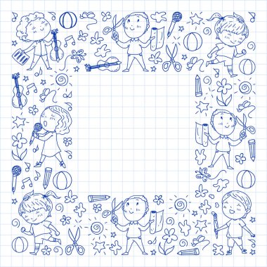 yaratıcı çocuklar dans, şarkı, futbol oynarken, gitar çalmak, keman çalmak, kağıttan model yapmak. Kareli not defterine tek renkli kalem çizimi .