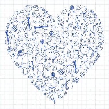 yaratıcı çocuklar dans, şarkı, futbol oynarken, gitar çalmak, keman çalmak, kağıttan model yapmak. Kareli not defterine tek renkli kalem çizimi .