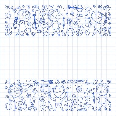 yaratıcı çocuklar dans, şarkı, futbol oynarken, gitar çalmak, keman çalmak, kağıttan model yapmak. Kareli not defterine tek renkli kalem çizimi .