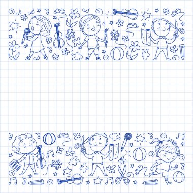 yaratıcı çocuklar dans, şarkı, futbol oynarken, gitar çalmak, keman çalmak, kağıttan model yapmak. Kareli not defterine tek renkli kalem çizimi .