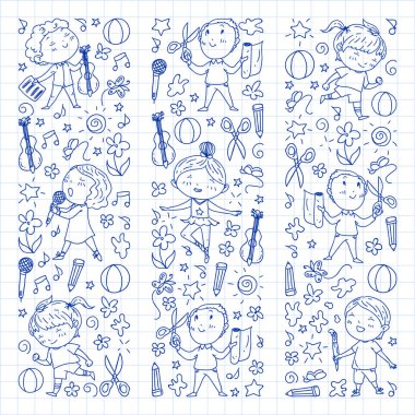 yaratıcı çocuklar dans, şarkı, futbol oynarken, gitar çalmak, keman çalmak, kağıttan model yapmak. Kareli not defterine tek renkli kalem çizimi .
