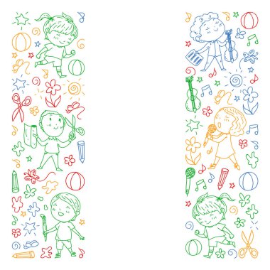 yaratıcı çocuklar dans, şarkı, futbol oynarken, gitar çalmak, keman çalmak, kağıttan model yapmak. Beyaz tahta üzerinde renkli çizim.