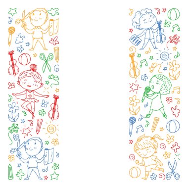 yaratıcı çocuklar dans, şarkı, futbol oynarken, gitar çalmak, keman çalmak, kağıttan model yapmak. Beyaz tahta üzerinde renkli çizim.