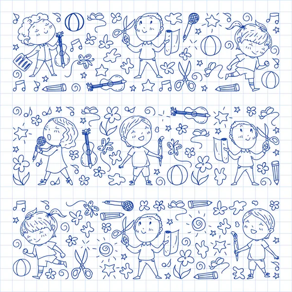 Creative kids dancing, sing, playing football, playing guitar, violin, making models from paper. Monochrome pen drawing on squared notebook . — Stock Vector