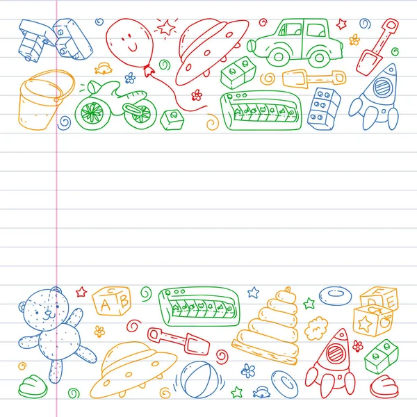 Modello vettoriale con asilo nido, bambini giocattolo. Illustrazione bambini felici. Disegnare su un notebook in un quaderno di esercizi . — Vettoriale Stock