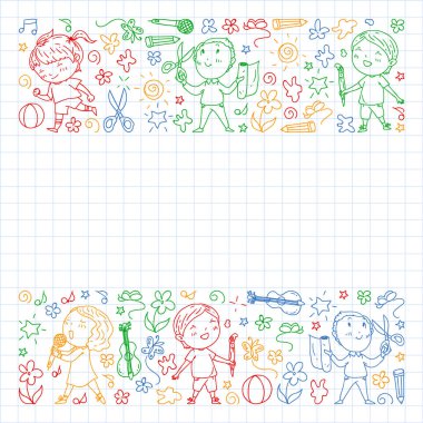 yaratıcı çocuklar dans, şarkı, futbol oynarken, gitar çalmak, keman çalmak, kağıttan model yapmak. kareli dizüstü bilgisayar üzerinde renkli kalem çizim.