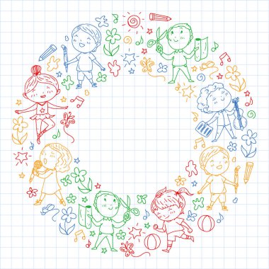 yaratıcı çocuklar dans, şarkı, futbol oynarken, gitar çalmak, keman çalmak, kağıttan model yapmak. kareli dizüstü bilgisayar üzerinde renkli kalem çizim.