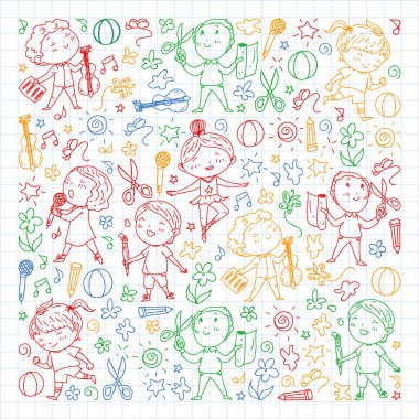 yaratıcı çocuklar dans, şarkı, futbol oynarken, gitar çalmak, keman çalmak, kağıttan model yapmak. kareli dizüstü bilgisayar üzerinde renkli kalem çizim.