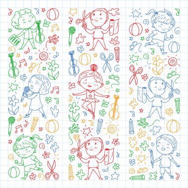 yaratıcı çocuklar dans, şarkı, futbol oynarken, gitar çalmak, keman çalmak, kağıttan model yapmak. kareli dizüstü bilgisayar üzerinde renkli kalem çizim.